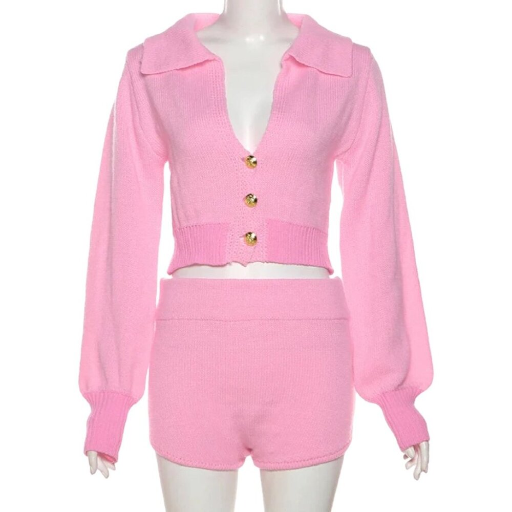Boutique Preppy Girl Knitted Cardigan Short Set In Bubble Gum Pink - Size Medium